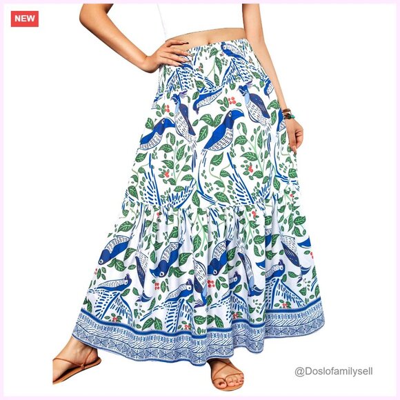 Dresses & Skirts - Women's High Waist Elastic Pleated A-Line Maxi Skirt Flowy Long Boho